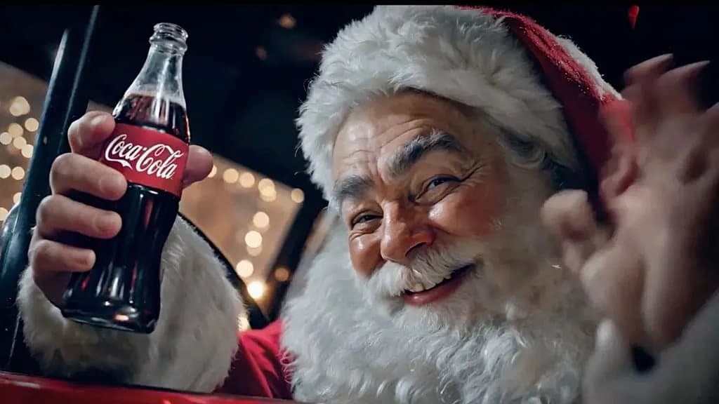 A still from Coca-Cola's AI-generated 2025 Christmas campaign: a photoreal Santa raising a Coca-Cola bottle, warm firelight and bokeh behind him.