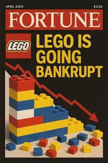 The April 2003 Fortune magazine cover reading LEGO is going bankrupt, a red arrow falling over a descending bar chart built from LEGO bricks.