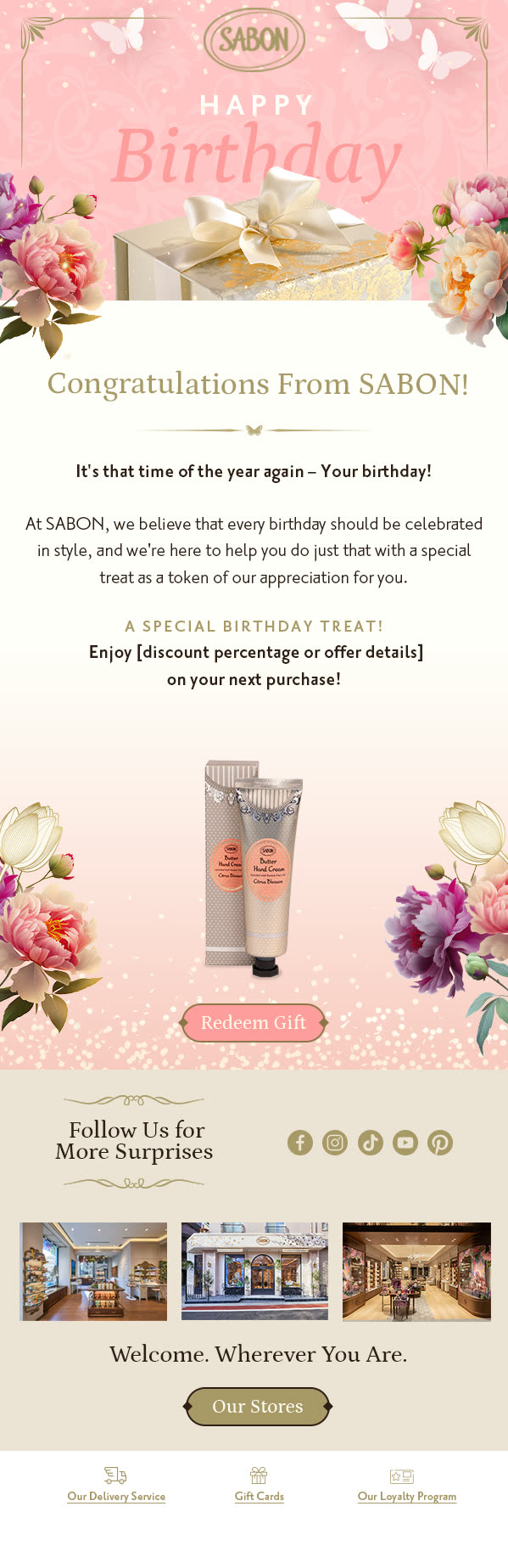 Real global SABON birthday newsletter: recognition and a relevant offer to encourage a return to purchase.