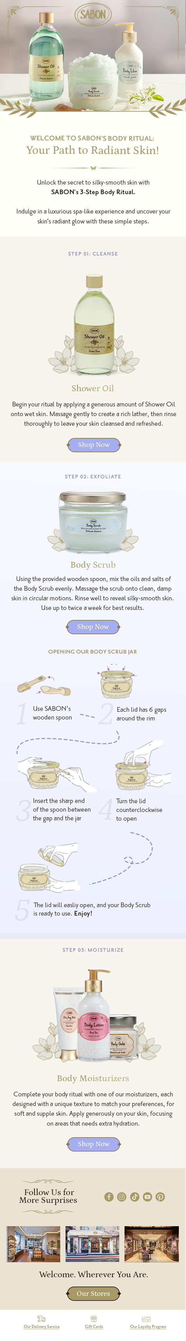 Real global SABON Body Scrub how-to newsletter: usage guidance and ritual education following a purchase.