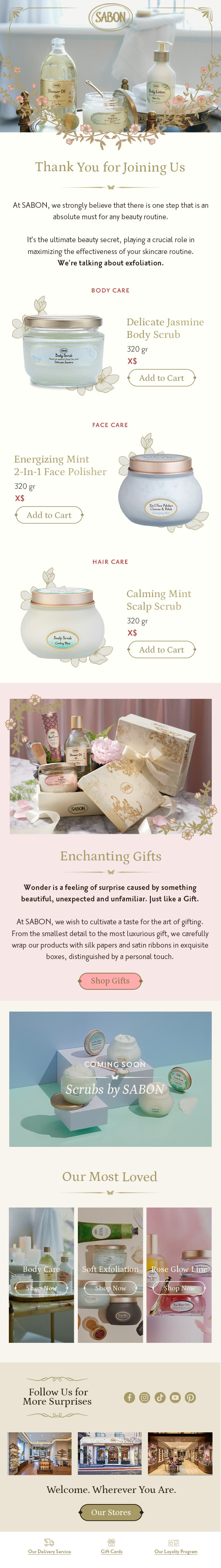 Real global SABON welcome newsletter deployed to markets: brand introduction and iconic products.