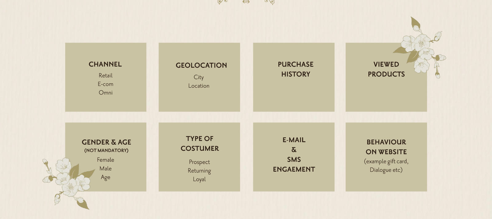 Segmentation dimensions from the global strategy deck: channel, geolocation, purchase history, viewed products, gender and age, customer type, email and SMS engagement, and on-site behaviour.