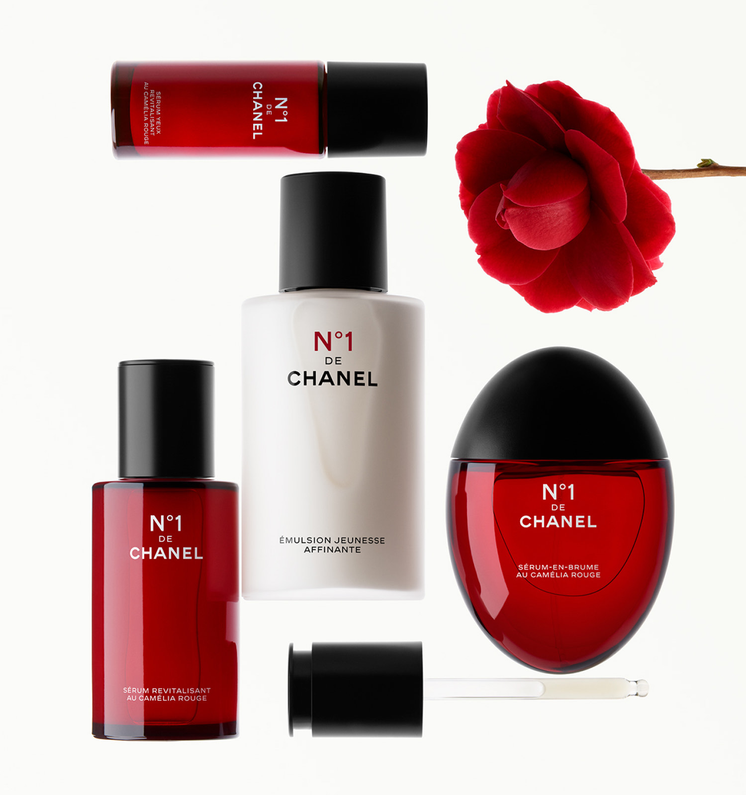 N°1 DE CHANEL still life against a deep red ground.